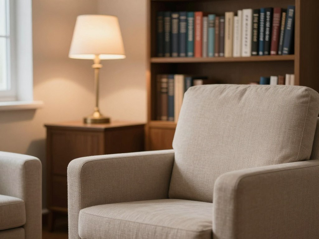 Espacio de conversación terapéutica con luz suave y biblioteca de fondo Espacio de conversación terapéutica con luz suave y biblioteca de fondo