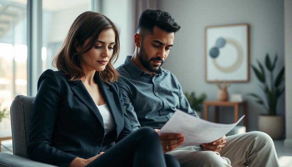 Pareja observa sus respuestas durante terapia sistémica Pareja observa sus respuestas durante terapia sistémica