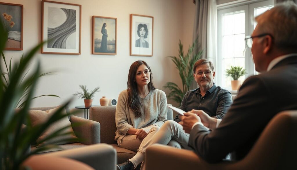 Pareja revisa dificultades de comunicación en una consulta Pareja revisa dificultades de comunicación en una consulta