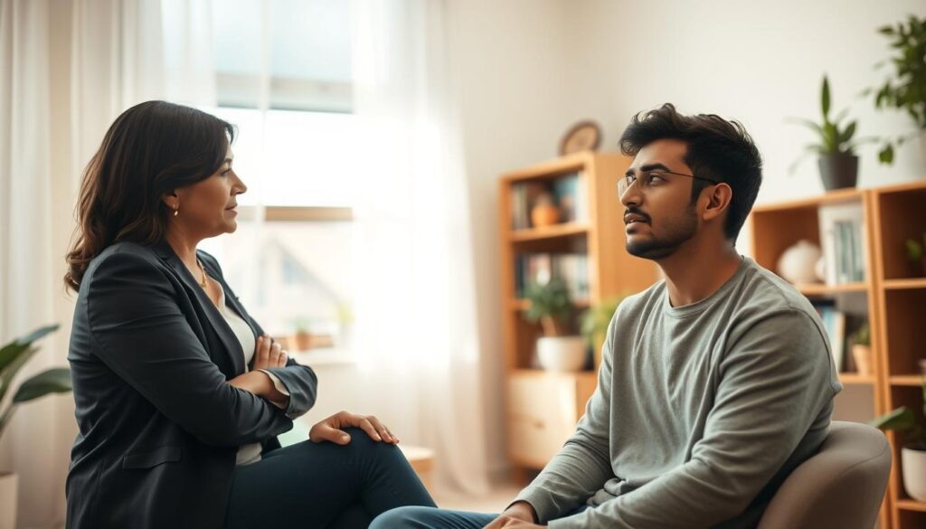 Terapeuta escucha a una persona expresar emociones en español Terapeuta escucha a una persona expresar emociones en español