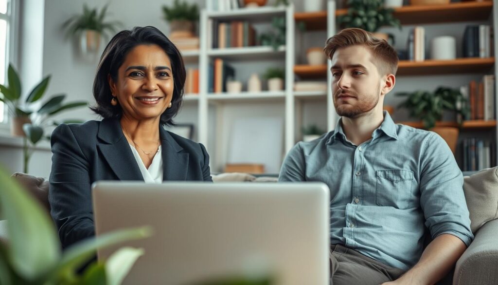 Terapeuta y persona conversando durante una sesión online Terapeuta y persona conversando durante una sesión online